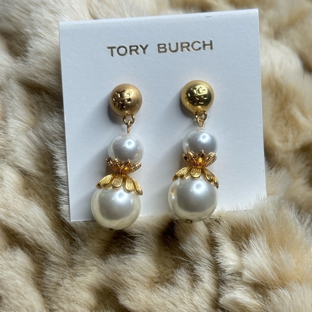Tory Burch Gold and Pearl Floral Earrings - Picture 2 of 5